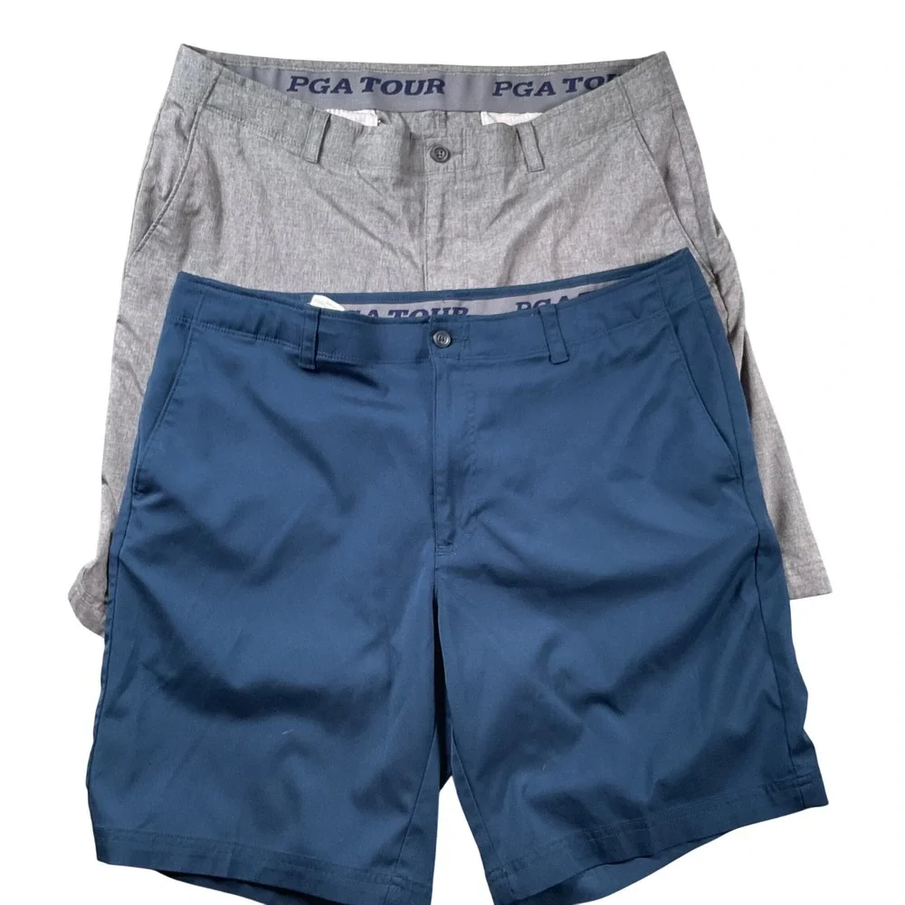 2 PGA TOUR Mens Golf Shorts Blue  Grey Flat Front‎ Stretch Performance Sz 38